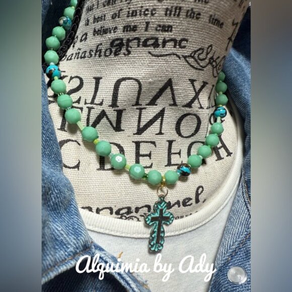Turquoise and blue crystals vintage cross pendant statement necklace - Picture 3 of 9